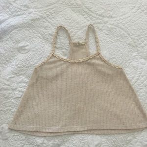 Tan Knit Cropped Top w Flower Details